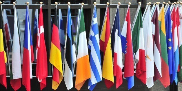 View taken on May 21,2014 of flags of European countries above the entrance of the European Council on May 21,2014 in Brussel