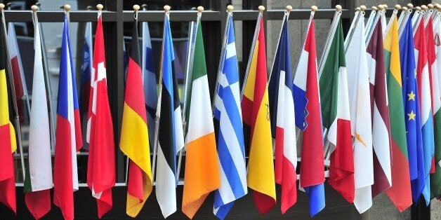 View taken on May 21,2014 of flags of European countries above the entrance of the European Council on May 21,2014 in Brussels. Britain and the Netherlands kick off on May 22, 2014 four-day European elections likely to see major gains for anti-EU parties bent on destroying the European Union from the inside. AFP PHOTO GEORGES GOBET (Photo credit should read GEORGES GOBET/AFP/Getty Images)