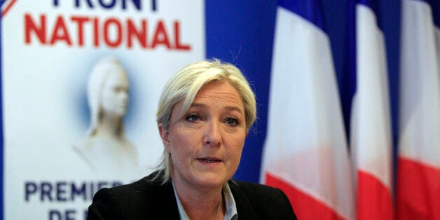 NANTERRE, FRANCE - MAY 27: French far-right party National Front (FN) president Marine Le Pen delivers a speech during a press conference at the party's headquarters on May 27, 2014 in Nanterre, France. National Front (FN) won European elections in France with 25 % of votes cast. (Photo by Chesnot/Getty Images)