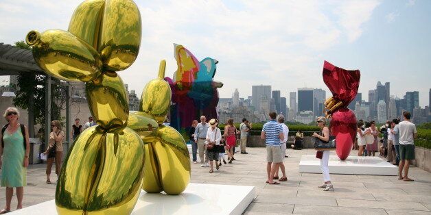 The three sculptures featured on the Roof Garden are from the Celebration series, which Koons began working on in 1993. Balloon Dog (Yellow) is based on balloons twisted into the shape of a toy dog. Standing more than ten feet tall, its highly reflective and brightly colored surface gives the appearance of an actual balloon in a form that would delight a child but would also fascinate any student of Freud. A page from a Winnie the Pooh coloring book featuring Poohâs companion Piglet was the genesis of Coloring Book. Koons took a magic marker to the page and colored in various zones; in the fabrication of the sculpture, he removed Piglet from the composition, which resulted in this abstraction rendered in cheerful pastel colors. Sacred Heart (Red/Gold), with its sumptuous surfaces of wrapping and ribbon, may suggest childhoodâas well as adultâdreams and fantasies about candy and luxury goods, intermixed with the potent Roman Catholic image of the Sacred Heart of Jesus. As a group, the three colorful Pop sculptures are characteristic of the artistâs work over the years, offering a certain jouissance and jubilant spirit and demonstrating extraordinary technical virtuosity in the rendering of large perfected forms on a huge scale. 