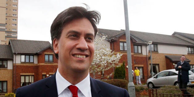 Labour Leader Ed Miliband arrives at Isa Money Centre in Motherwell, Scotland, ahead of a public meeting with local community activists and undecided voters at the Isa Money Centre in Motherwell, Scotland.