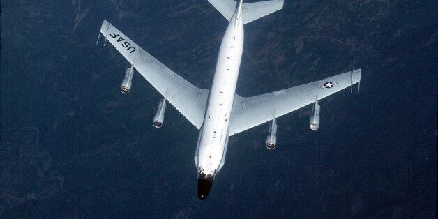 IN FLIGHT - UNDATED: This undated U.S. Air Force handout image shows a RC-135 Reconnaissance plane used to gather 'imagery intelligence (IMINT), telemetry intelligence (TELINT), and signals intelligence (SIGINT).' According to news reports four North Korean fighter aircraft intercepted a U.S. Air Force RC-135 flying over the Sea of Japan on March 2, 2003. (Photo by Greg Davis/U.S. Air Force/Getty Images)