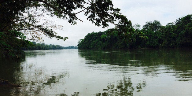 CHAJUL, MEXICO--View of the Lacandon River, which separates the Montes Azules protected area, on the far side, from the settled land on the near shore. The reserve is one of the most bio-diverse areas in Mexico but it is under increasing pressure from indigenous groups who want to clear-cut the jungle for homes and agriculture.