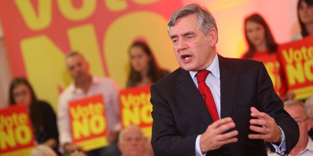 CLYDEBANK, SCOTLAND - SEPTEMBER 16: Gordon Brown, Labour Party politician, speaks while joining Alistair Darling (not pictured), Better Together campaign leader, to campaign for a NO vote in the forthcoming Scottish independence referendum, on September 16, 2014 in Clydebank, Scotland. Scotland will vote on whether or not to leave the United Kingdom in a referendum to be held on September 18th this year. (Photo by Jeremy Sutton-Hibbert/Getty Images)