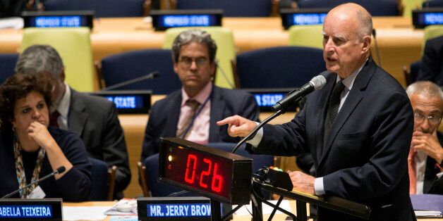 California Gov. Jerry Brown speaks during the Climate Summit at United Nations headquarters, Tuesday, Sept. 23, 2014. (AP Photo/Craig Ruttle)