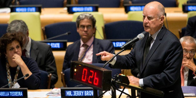 California Gov. Jerry Brown speaks during the Climate Summit at United Nations headquarters, Tuesday, Sept. 23, 2014. (AP Pho