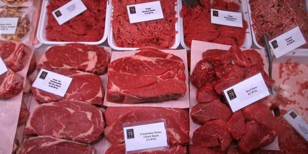 SAN FRANCISCO, CA - JANUARY 31: Cuts of beef are displayed at Marina Meats on January 31, 2012 in San Francisco, California. Severe drought is a contributing factor in the declining cattle count, which has sent wholesale beef prices up 6.4 percent in the past 12 months. The price for a pound of beef peaked in price at $1.98 a pound on November 23, the highest price since 2004. (Photo by Justin Sullivan/Getty Images)