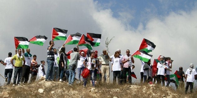 Palestinian protesters wave the national flag during a demonstration against the decision by Israel to expropriate 400 hectares (988 acres) of land near the West Bank village of Wadi Fukin on September 26, 2014. Israel announced last week its biggest land grab in the West Bank since the 1980s, saying it planned to expropriate 400 hectares (988 acres) of land in the south of the territory, between the cities of Bethlehem and Hebron. AFP PHOTO/ MUSA AL SHAER (Photo credit should read MUSA AL-SHAER/AFP/Getty Images)