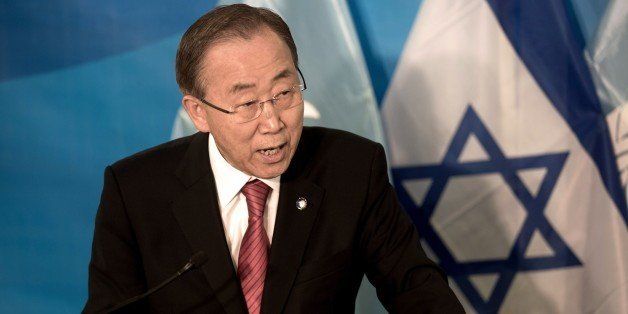 United Nations (UN) Secretary-General Ban Ki-Moon speaks during a joint press conference with Israeli Prime Minister Benjamin Netanyahu (unseen) ahead of their meeting at Netanyahu's office in Jerusalem on October 13, 2014. AFP PHOTO/POOL/MENAHEM KAHANA (Photo credit should read MENAHEM KAHANA/AFP/Getty Images)