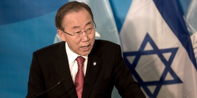 United Nations (UN) Secretary-General Ban Ki-Moon speaks during a joint press conference with Israeli Prime Minister Benjamin