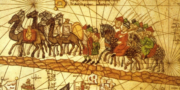 Illustrated map depicting the journey of the Venetian merchant Marco Polo (1254 - 1324) along the silk road to China. (Photo