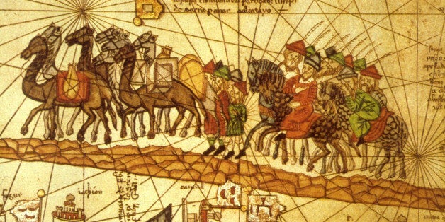 Illustrated map depicting the journey of the Venetian merchant Marco Polo (1254 - 1324) along the silk road to China. (Photo by MPI/Getty Images) 