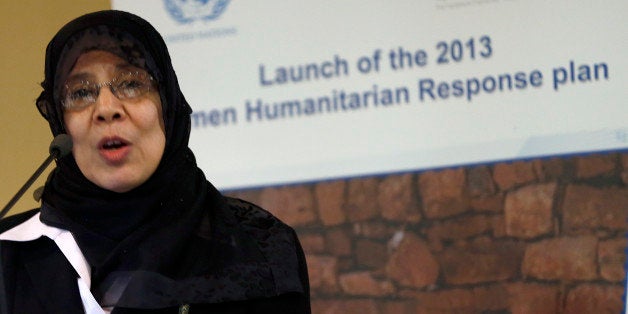 Hooria Mashhour, Yemeni minister of Human Rights, speaks during the presentation of the Yeman 2013 Humanitarian Response Plan