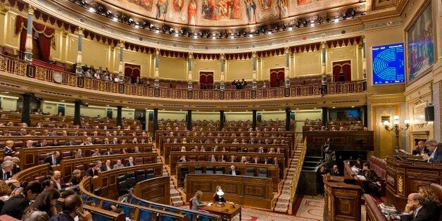 A view of the Spanish Parliament after a vote to recognize a Palestinian state, in Madrid, Spain, Tuesday, Nov. 18, 2014. Spain's Parliament has overwhelmingly approved a largely symbolic resolution that recognizes a Palestinian state. The non-binding resolution follows moves in other European countries intended to push for a two-state solution to the Israeli-Palestinian conflict. (AP Photo/Daniel Ochoa de Olza)