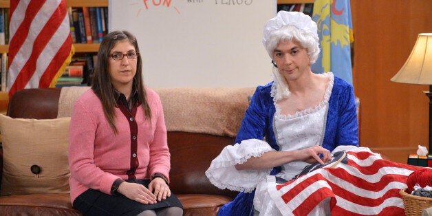 LOS ANGELES - NOVEMBER 14: 'The Champagne Reflection' -- Sheldon says a tearful goodbye to 'Fun with Flags', on THE BIG BANG THEORY, Thursday, Nov. 20 (8:00-8:31 PM, ET/PT), on the CBS Television Network. Pictured left to right: Mayim Bialik and Jim Parsons (Photo by Darren Michaels//CBS via Getty Images)