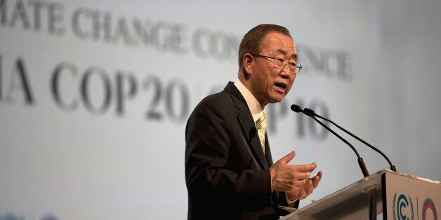 UN Secretary General Ban Ki-moon delivers his speech during the UN Climate Change Conference in Lima, Peru, Wednesday, Dec. 10, 2014. Delegates from more than 190 countries are meeting in Lima, to work on drafts for a global climate deal that is supposed to be adopted next year in Paris. (AP Photo/Rodrigo Abd)