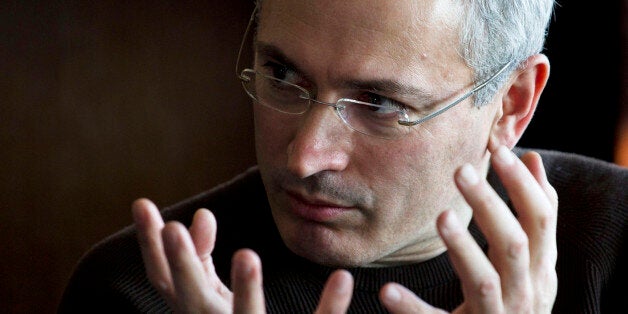 Former imprisoned Russian tycoon Mikhail Khodorkovsky speaks to journalists during a roundtable at a hotel in Kiev, Ukraine, Monday, March 10, 2014. Russia's most famous prisoner said in a lecture to students at Kiev Polytechnic University on Monday that Russia is ruining its longstanding friendship with Ukraine by its aggressive and pro-separatist actions in Crimea. (AP Photo/David Azia)