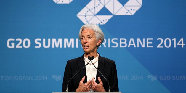 Managing Director of the IMF Madame Christine Lagarde addresses a press conference at the conclusion of the G-20 summit in Brisbane, Australia, Sunday, Nov. 16, 2014. (AP Photo/Rob Griffith)