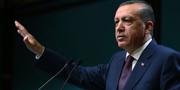 ANKARA, TURKEY - JANUARY 16: Turkish President Recep Tayyip Erdogan speaks at the presidential palace in Ankara, Turkey, on January 16, 2015. (Photo by Kayhan Ozer/Anadolu Agency/Getty Images)