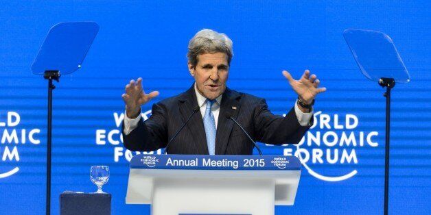 US Secretary of State John Kerry gestures on January 23, 2015 during a speech at the World Economic Forum (WEF) annual meeting in Davos. AFP PHOTO / FABRICE COFFRINI (Photo credit should read FABRICE COFFRINI/AFP/Getty Images)
