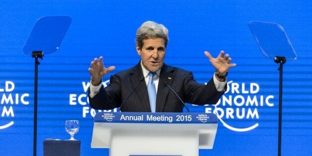 US Secretary of State John Kerry gestures on January 23, 2015 during a speech at the World Economic Forum (WEF) annual meetin