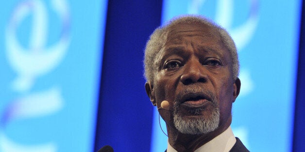 DUBLIN, IRELAND - OCTOBER 17: Kofi Annan , former UN Secretary General and now chairman of 'Elders' a group founded by Nelson Mandela, addresses a special session at the Convention Centre on October 17, 2014 in Dublin, Ireland. The summit, which is in its fifth year, connects and guides young talent from around the world with global leaders and public figures acting as One Young World counsellors. This year's theme is Peace and Conflict Resolution and will use Ireland's history as an example to guide discussion. (Photo by Clodagh Kilcoyne/Getty Images)