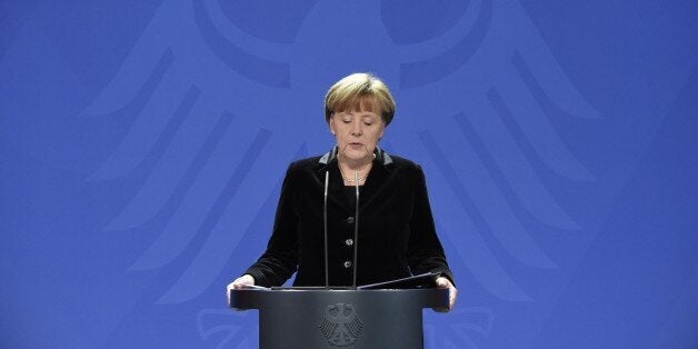 German Chancellor Angela Merkel delivers a statement on January 31, 2015 after death of former German president Richard von Weizsaecker at the chancellery in Berlin. Richard von Weizsaecker, who died aged 94, was the first president of a reunited Germany and played a major role in helping the country face up to its Nazi past. AFP PHOTO / ODD ANDERSEN (Photo credit should read ODD ANDERSEN/AFP/Getty Images)