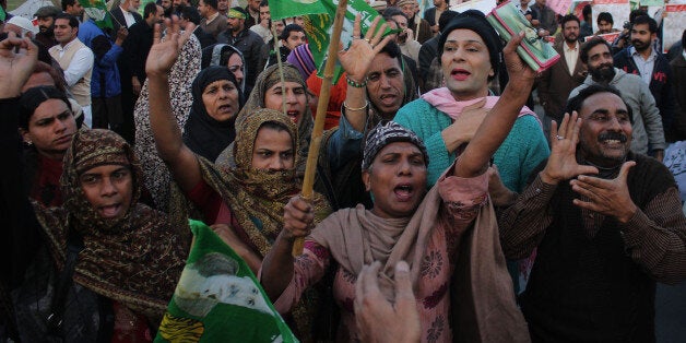 LAHORE, PUNJAB, PAKISTAN - 2015/01/18: Workers of Pakistani Political Parties and civil society candlelight vigil during a protest against terrorism in Pakistan, putting pressure to the government to arrest the clerics who praise the Taliban, and into cracking down on sectarian and anti-India militant groups who operate with relative impunity. (Photo by Rana Sajid Hussain/Pacific Press/LightRocket via Getty Images)