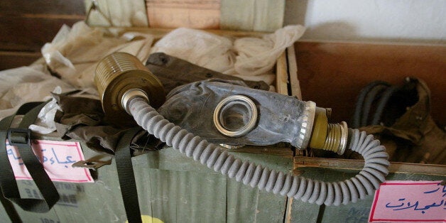 A gas mask is seen at an Iraqi training facility at an Iraqi naval port north of Umm Qasr, Sunday March 30, 2003. British tro