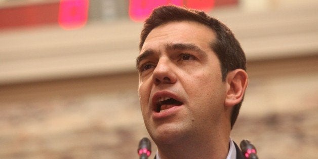 ATHENS, GREECE - FEBRUARY 17: Greek Prime Minister Alexis Tsipras speaks to his parliamentary group in Athens on February 17, 2015. Greek Prime Minister Alexis Tsipras nominated Prokopis Pavlopoulos as his party's candidate for country's president. (Photo by Ayhan Mehmet/Anadolu Agency/Getty Images)