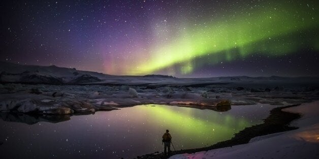 Iceland, Vatnajokull Ice Cap, Breidarmerkurjokull, Jokulsarlon, Aurora Borealis or Northern Lights