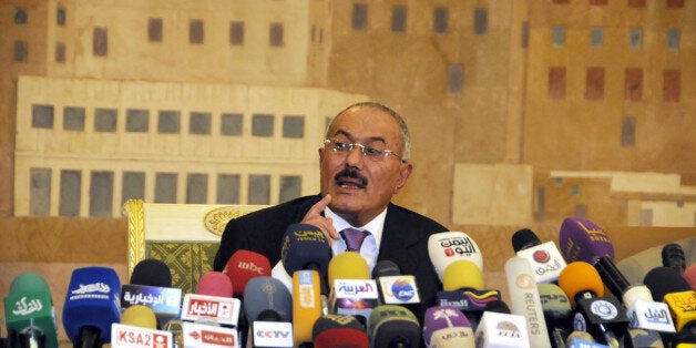 FILE - In this Dec. 24, 2011 file photo, Yemen's President Ali Abdullah Saleh speaks during a news conference at the Presidential Palace in Sanaa, Yemen. The Obama administration is weighing an unprecedented diplomatic act _ whether to bar a friendly president from U.S. soil. American officials were evaluating on Tuesday an awkward request from Yemeni strongman and longtime U.S. counterterrorism partner Ali Abdullah Saleh. Saleh has said he plans to come to the United States for medical treatment for injuries suffered in a June assassination attempt, and he has asked for a U.S. visa for entry to the country. (AP Photo/Mohammed Hamoud, File)