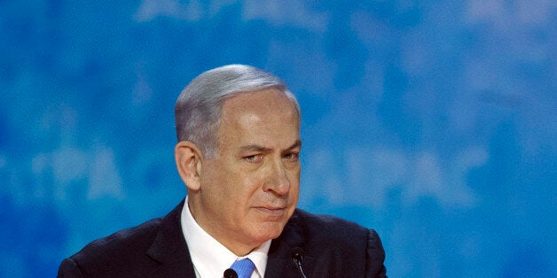 Israeli Prime Minister Benjamin Netanyahu addresses the 2015 American Israel Public Affairs Committee (AIPAC) Policy Conference in Washington, Monday, March 2, 2015. (AP Photo/Cliff Owen)