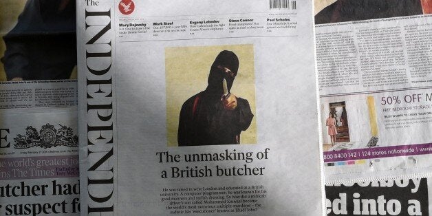 An arrangment of British daily newspapers photographed in London on February 27, 2015 shows the front-page headlines and stories regarding the identification of the masked Islamic State group militant dubbed 'Jihadi John'. The British headlines were dominated on Febryary 27 by the story of the identification of the Islamic State executioner. 'Jihadi John', the masked Islamic State group militant believed responsible for beheading of at least five Western hostages, has been named as Kuwaiti-born computing graduate Mohammed Emwazi from London. AFP PHOTO / DANIEL SORABJI (Photo credit should read DANIEL SORABJI/AFP/Getty Images)