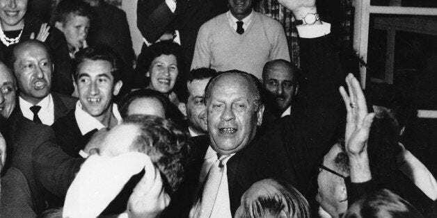 Oskar Schindler, center, is surrounded by holocaust survivors in Jerusalem, Israel on May, 1, 1962. Upon his arrival, Schind