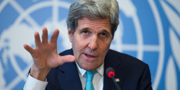 Secretary of State John Kerry gestures during a news conference after he delivered remarks to the United Nations Human Rights Council on Monday, March 2, 2015, in Geneva. Kerry discussed ongoing nuclear negotiations with Iran, and tensions with Russia over Ukraine. (AP Photo/Evan Vucci)