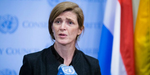 United States U.N. Ambassador Samantha Power speaks to the media following an U.N. Security Council meeting on the Ukraine, Saturday, March 1, 2014, in the United Nations headquarters. (AP Photo/John Minchillo)