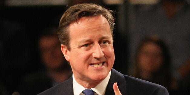 MANCHESTER, ENGLAND - MARCH 28: Prime Minister David Cameron addresses delegates during the Conservative party's Spring Forum on March 28, 2015 in Manchester, England. Party supporters are being rallied as the Tory party starts it's election campaign at the old Granada television studios. During his speech David Cameron pledged that if he is in power hospitals in England would have consultants on duty seven days a week by 2020. (Photo by Christopher Furlong/Getty Images)