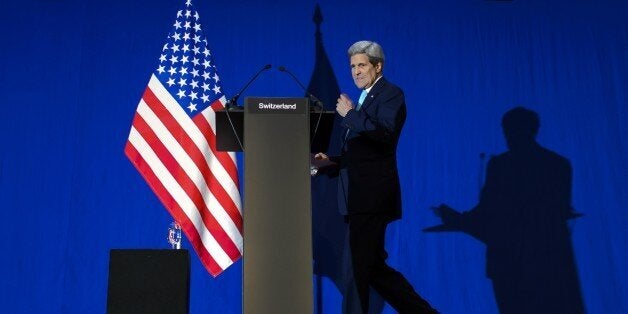 US Secretary of State John Kerry walks to the podium during a press conference at the Swiss Federal Institute of Technology in Lausanne (Ecole Polytechnique Federale De Lausanne) on April 2, 2015, after the announcement of an agreement on Iran nuclear talks. European powers and Iran on April 2 hailed a breakthrough in talks on reaching a deal to curtail Tehran's nuclear programme. AFP PHOTO / FABRICE COFFRINI (Photo credit should read FABRICE COFFRINI/AFP/Getty Images)