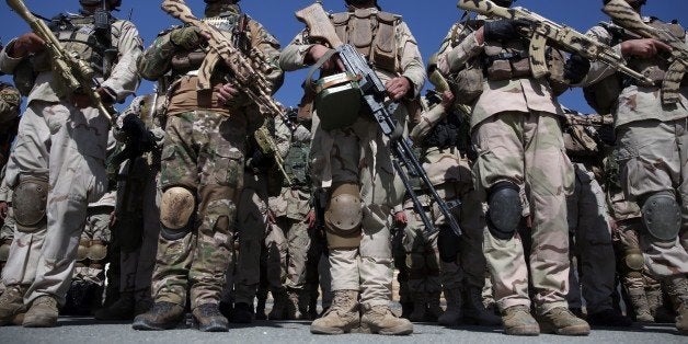 Afghanistan's interior ministry special forces stand guard during a military exercise in Kabul, Afghanistan, Thursday, April