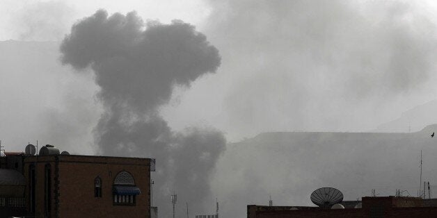 Smoke rises from the Faj Attan Hill area in the Yemeni capital, Sanaa, on April 9, 2015, following an alleged air strike by t