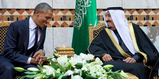 President Barack Obama meets new Saudi Arabian King Salman bin Abdul Aziz in Riyadh, Saudi Arabia, Tuesday, Jan. 27, 2015. The president and first lady came to expresses their condolences on the death of the late Saudi Arabian King Abdullah bin Abdulaziz al-Saud. (AP Photo/Carolyn Kaster)