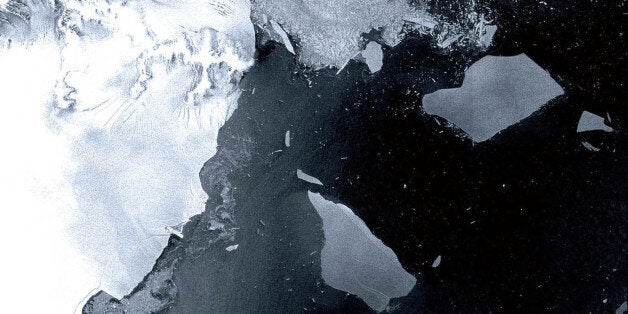 The Larsen B ice shelf, a large floating ice mass on the eastern side of the Antarctic Peninsula, that has shattered and sepa