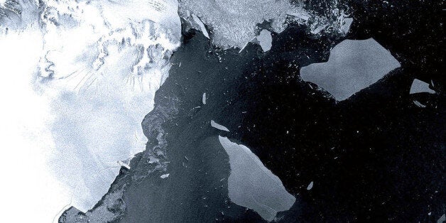 The Larsen B ice shelf, a large floating ice mass on the eastern side of the Antarctic Peninsula, that has shattered and separated from the continent is shown in this image taken March 18, 2002, by ESA's Envisat satellite. The ice shelf, which has existed since the last Ice Age 12,000 years ago, collapsed starting in January with staggering speed during one of the warmest summers on record there, scientists say. The collapsed area was designated Larsen B. (AP Photo/ESA 2002)