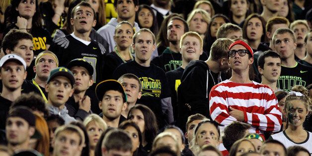 EUGENE, OR - SEPTEMBER 22: A 'Where's Waldo?' fan watches the game between the Oregon Ducks and the Arizona Wildcats on September 22, 2012 at the Autzen Stadium in Eugene, Oregon. (Photo by Jonathan Ferrey/Getty Images)