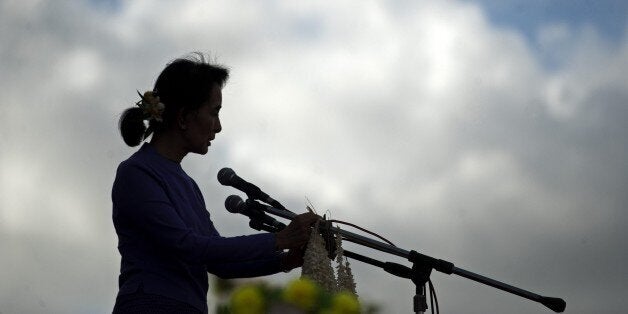 Myanmar pro-democracy leader Aung San Suu Kyi addresses supporters during a rally at Mawlamyaing, Mon State on May 16, 2015. AFP PHOTO / Ye Aung THU (Photo credit should read Ye Aung Thu/AFP/Getty Images)