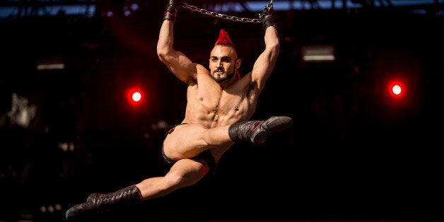 LAS VEGAS, NV - MAY 08: A Cirque du Soleil cast member performs during Rock in Rio USA at the MGM Resorts Festival Grounds on May 8, 2015 in Las Vegas, Nevada. (Photo by Christopher Polk/Getty Images)