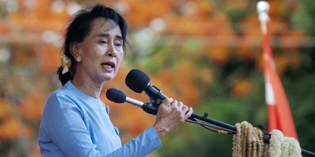 Myanmar pro-democracy leader Aung San Suu Kyi addresses supporters during a rally at Than Phyu Zayat township at Mawlamyaing, Mon State on May 17, 2015. AFP PHOTO / Ye Aung THU (Photo credit should read Ye Aung Thu/AFP/Getty Images)
