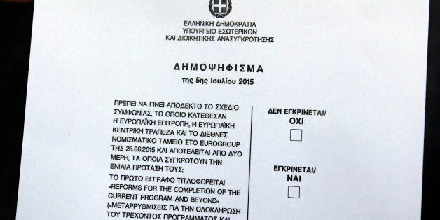 A woman holds a print of Sunday's referendum ballot paper in Athens, Friday, July 3, 2015. The document reading ''Should the plan of agreement, which was submitted by the European Commission, the European Central Bank and the International Monetary Fund in the Eurogroup of 25.06.2015 and is comprised of two parts that constitute their unified proposal be accepted? The first document is entitled âReforms For The Completion Of The Current Program And Beyondâ and the second âPreliminary Debt Sustainability Analysis.â And on the right part over the boxes reading at top ''Not approved/NO" and below reading "Approved/YES.'' (AP Photo/Thanassis Stavrakis)