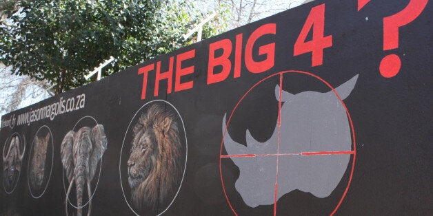 A mural painted on a suburban wall in Johannesburg, South Africa calls for the halt to rhino poaching, Monday, July 21, 2014. Officials at Kruger park, South Africa's flagship wildlife reserve, are considering a plan to move some rhinos out of the park in an attempt to protect them from poachers. A spokesman said that no decision has been made on the plan adding that the idea would be to "spread the risk" to other reserves because the Kruger park is heavily targeted by poachers, many of whom cross from neighboring Mozambique. (AP Photo/Denis Farrell)